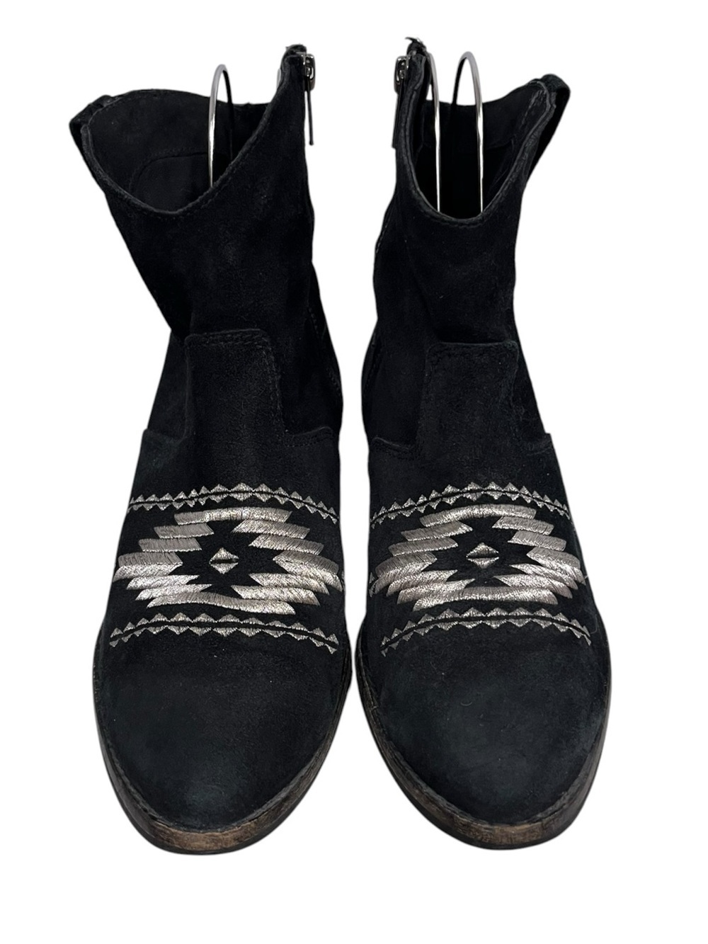 Musse & Cloud Ginger Black Suede Western Style Aztec-Stitch Ankle Booties 38 - Picture 3 of 10